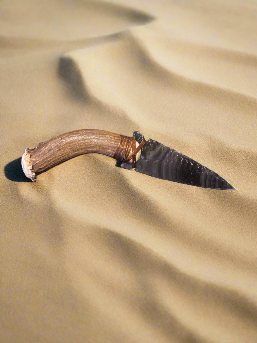 Antler Handle Obsidian Knife with Bear Paw Carved In Hilt
