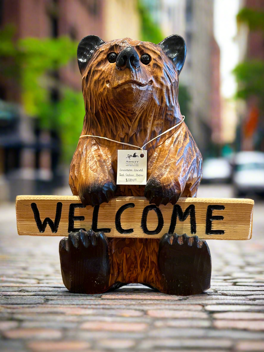Chainsaw carved red ceder Bear Welcome or Go Away