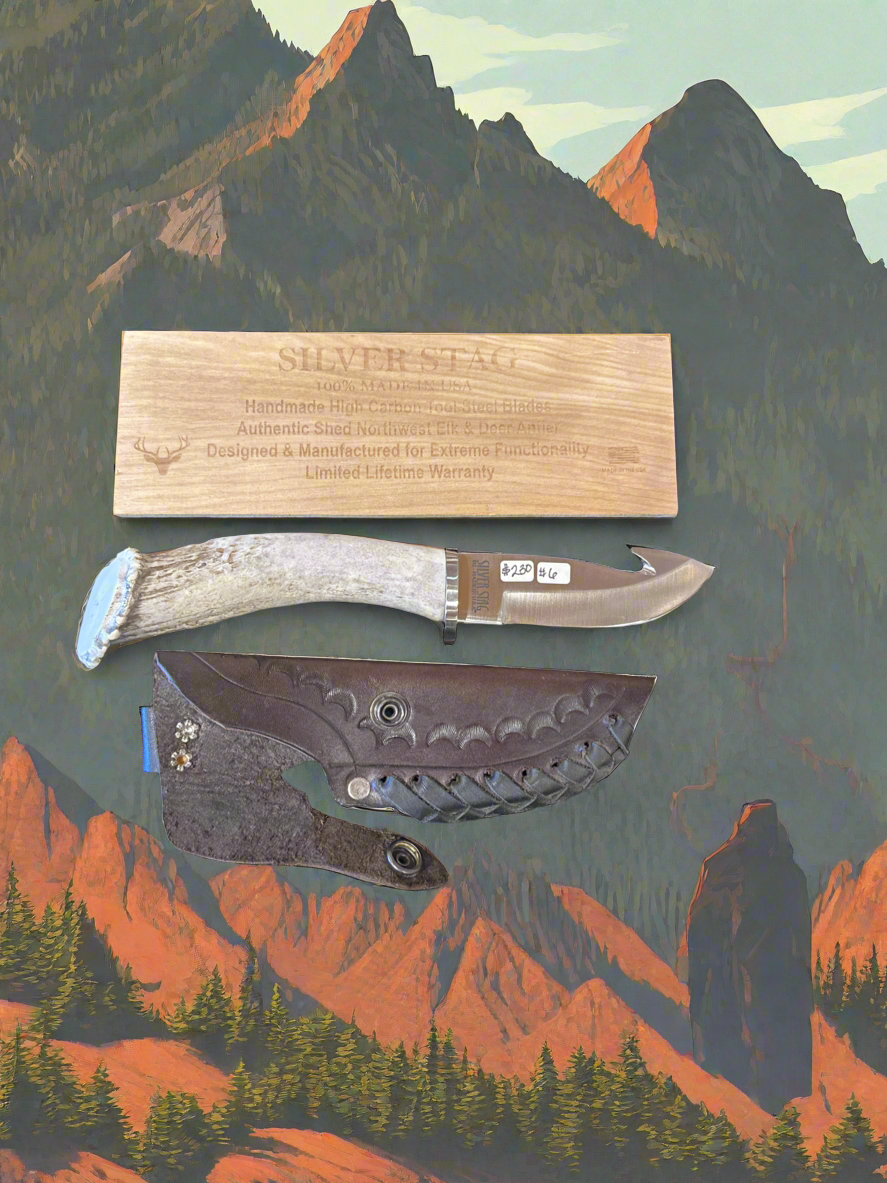 Silver stag fixed blade gut hook knife