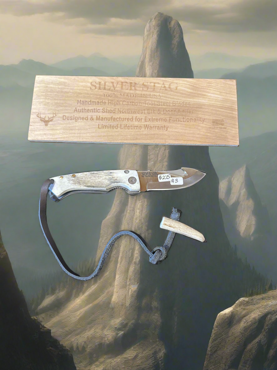 Silver stag folding knife With gut hook.