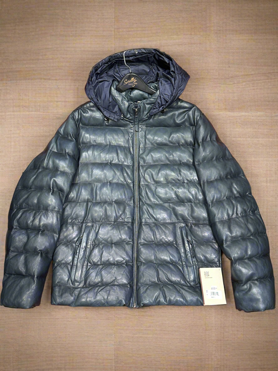 Scully Western Jacket Mens Puffer Leather Hood Pockets Blue