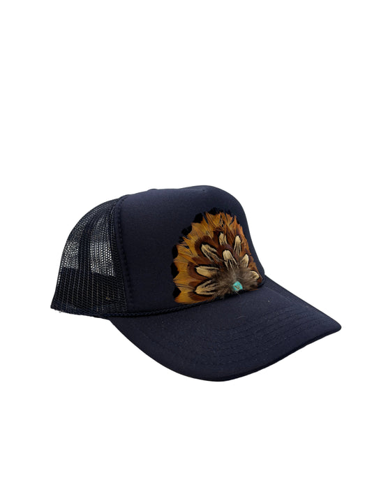 Handmade Feather Trucker Cap Navy Blue