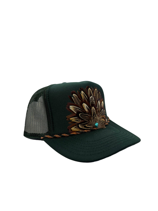 Handmade Feather Trucker Cap Forest Green