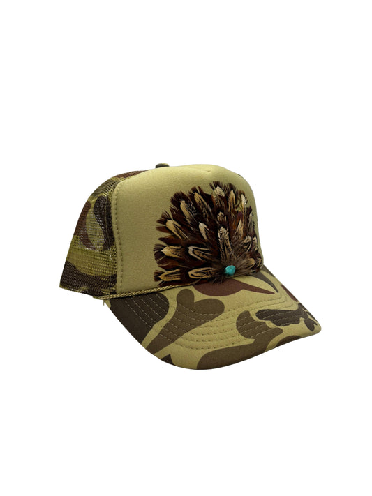 Handmade Feather Trucker Cap Army Green