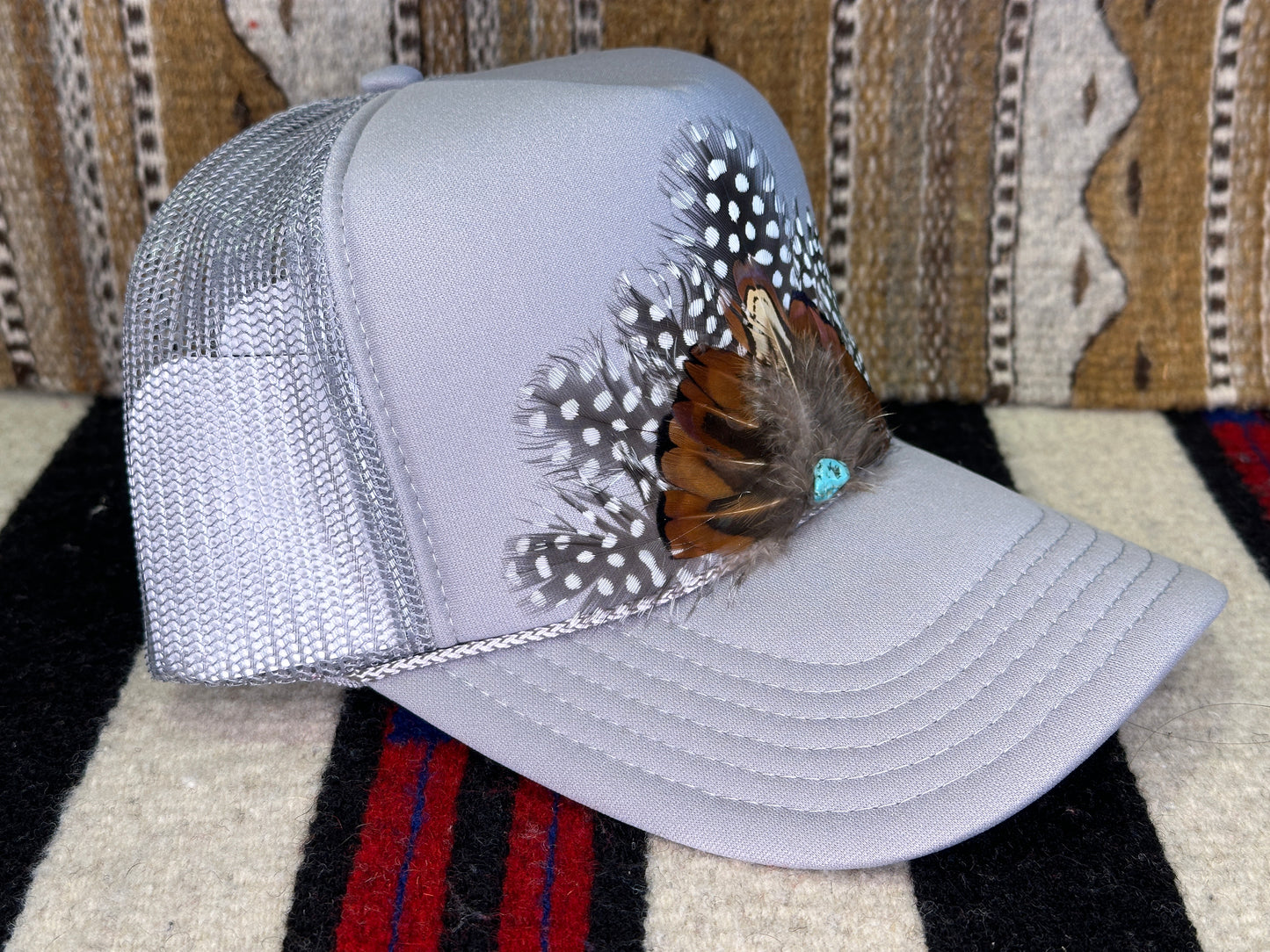 Handmade Feather Trucker Cap Grey