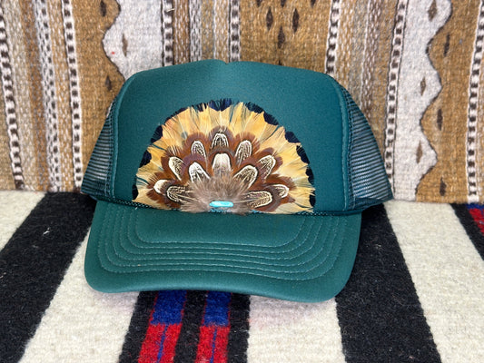 Handmade Feather Trucker Cap Turquoise Green