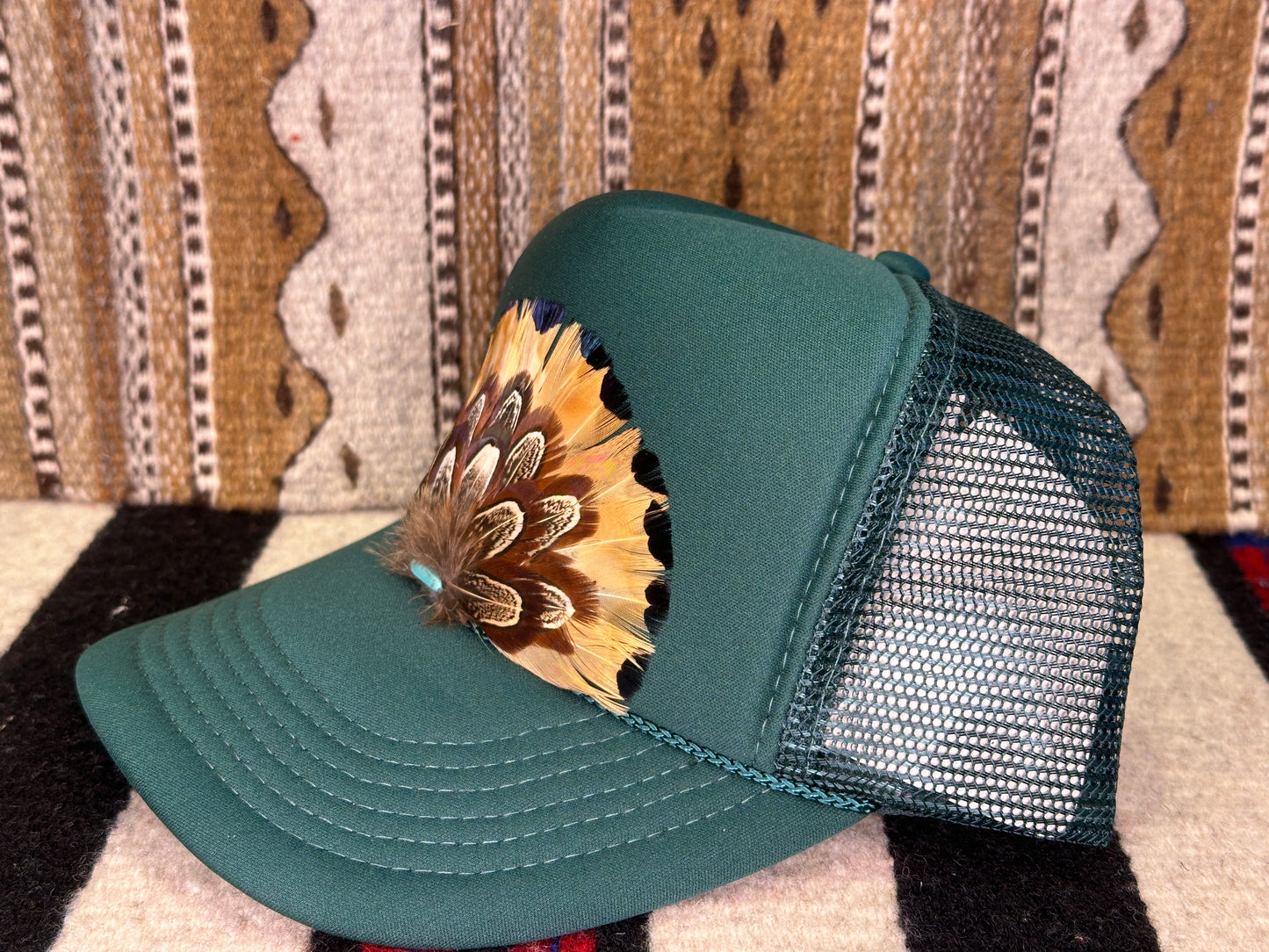 Handmade Feather Trucker Cap Turquoise Green