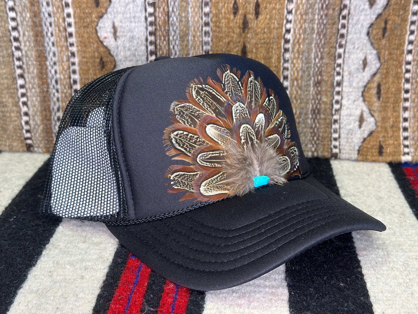 Handmade Feather Trucker Cap Black