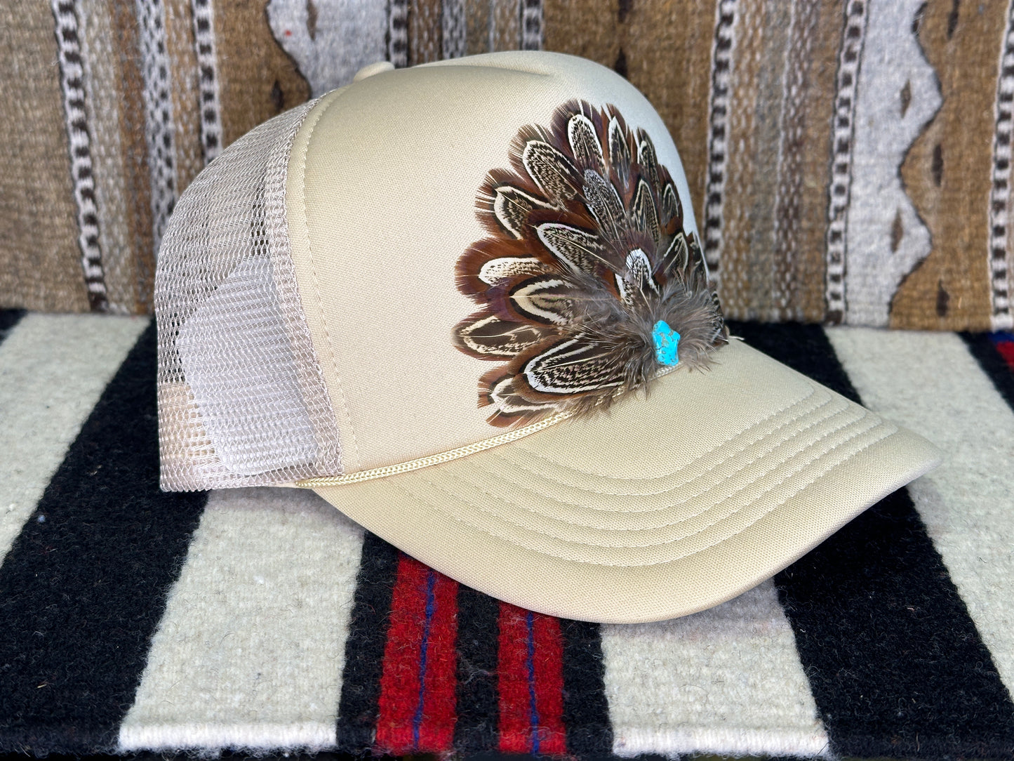 Handmade Feather Trucker Cap Creme