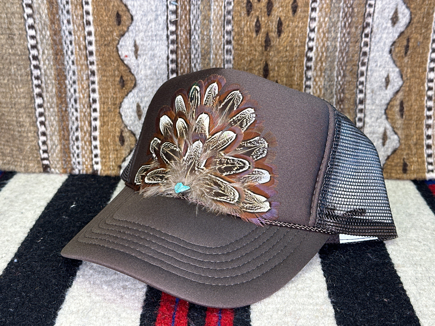 Handmade Feather Trucker Cap Dark Brown