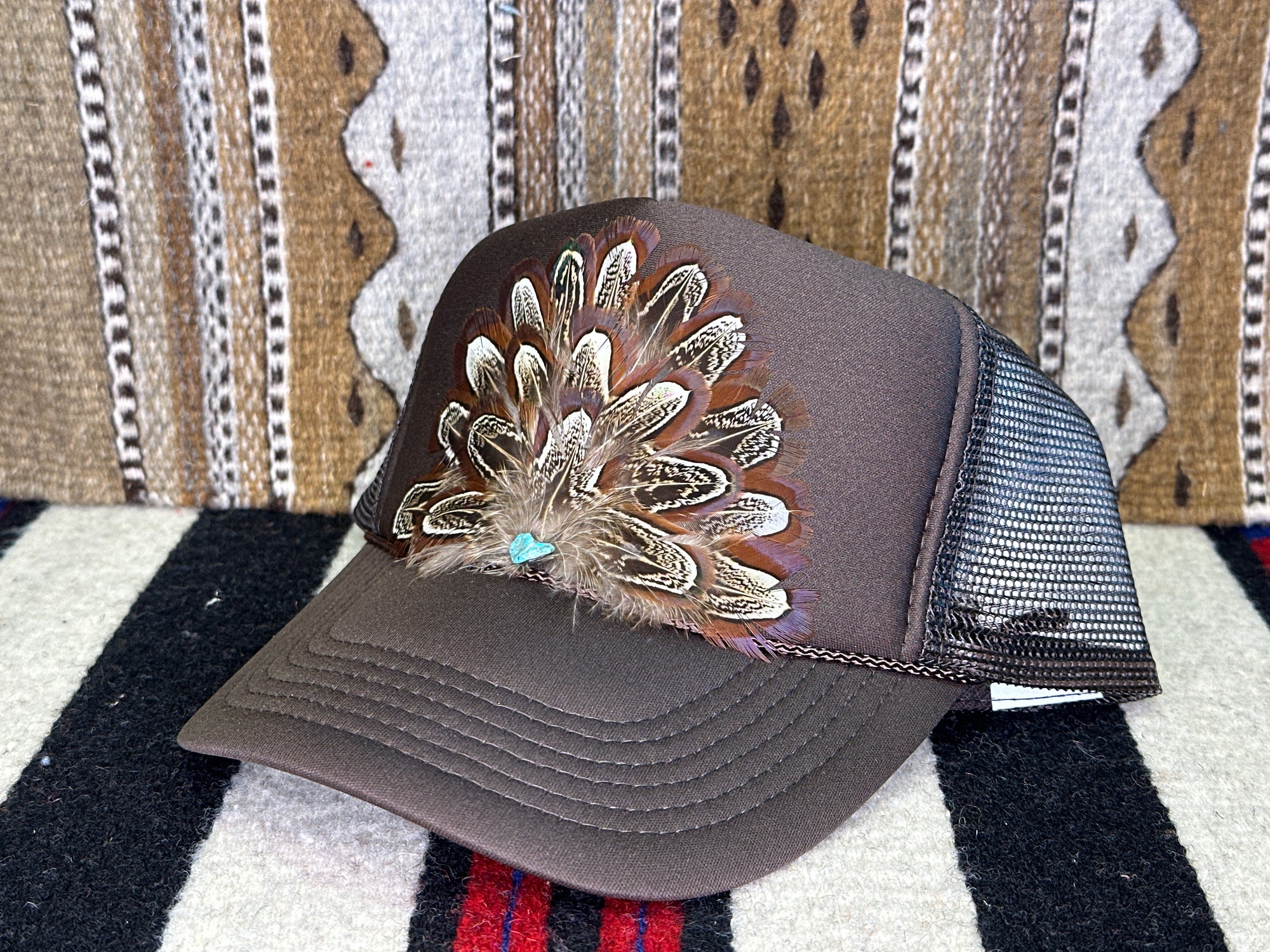 Handmade Feather Trucker Cap Dark Brown