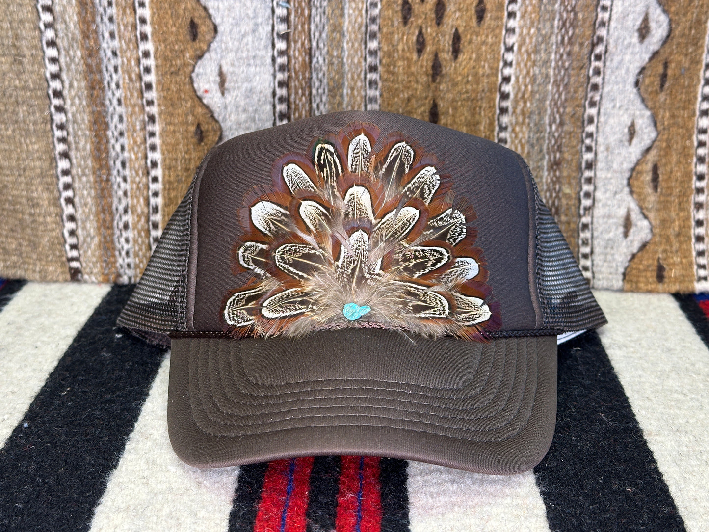 Handmade Feather Trucker Cap Dark Brown