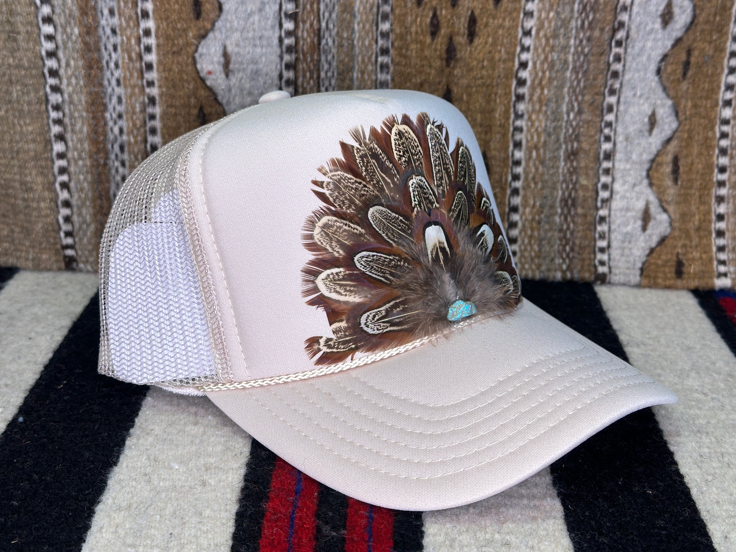 Handmade Feather Trucker Cap White