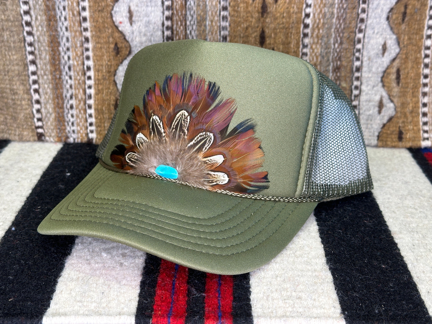 Handmade Feather Trucker Cap Army Green