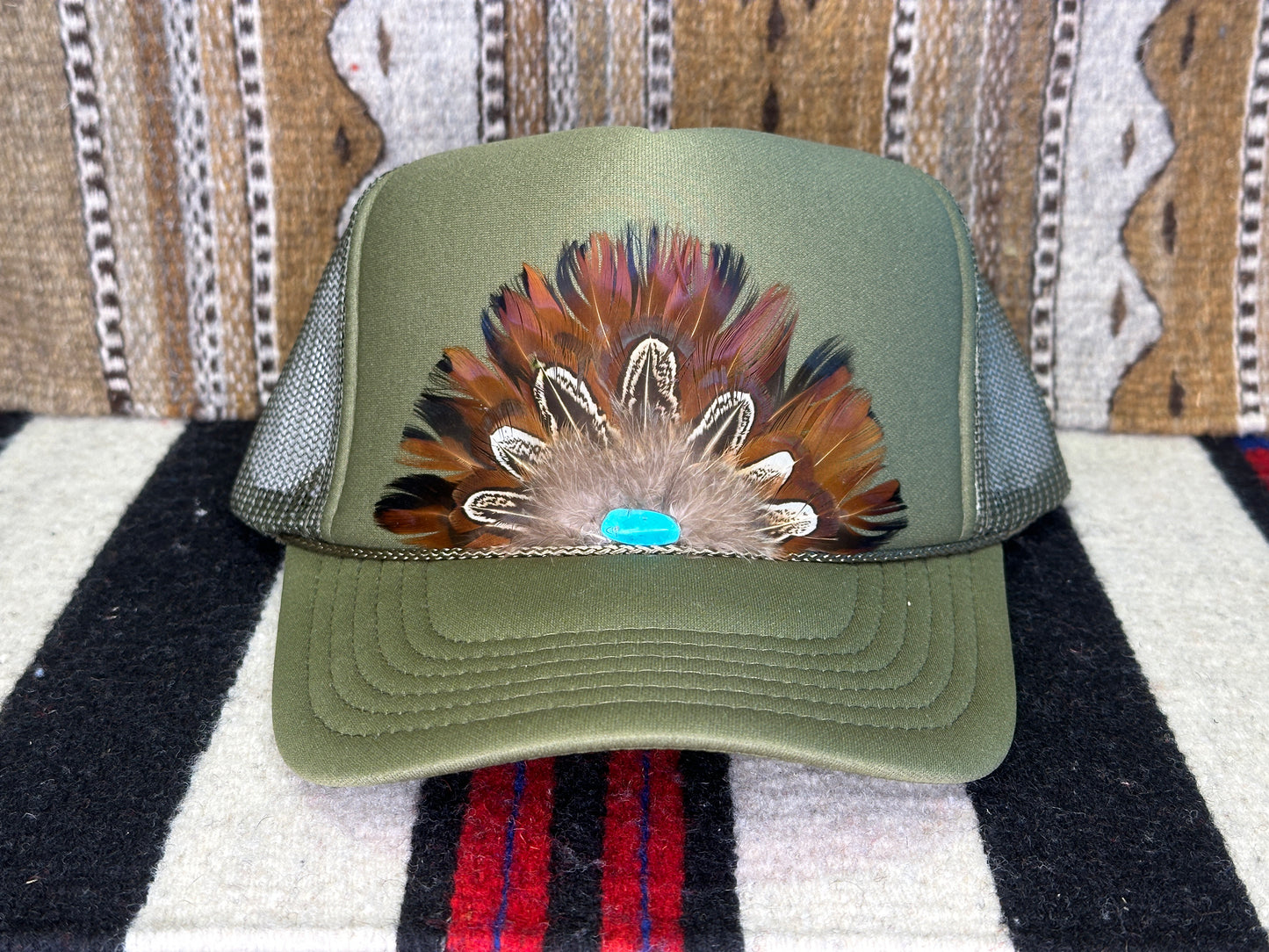 Handmade Feather Trucker Cap Army Green