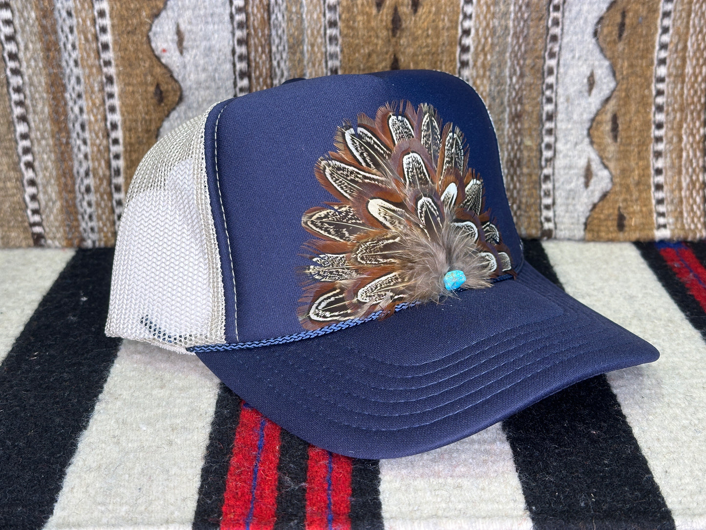 Handmade Feather Trucker Cap Navy Blue