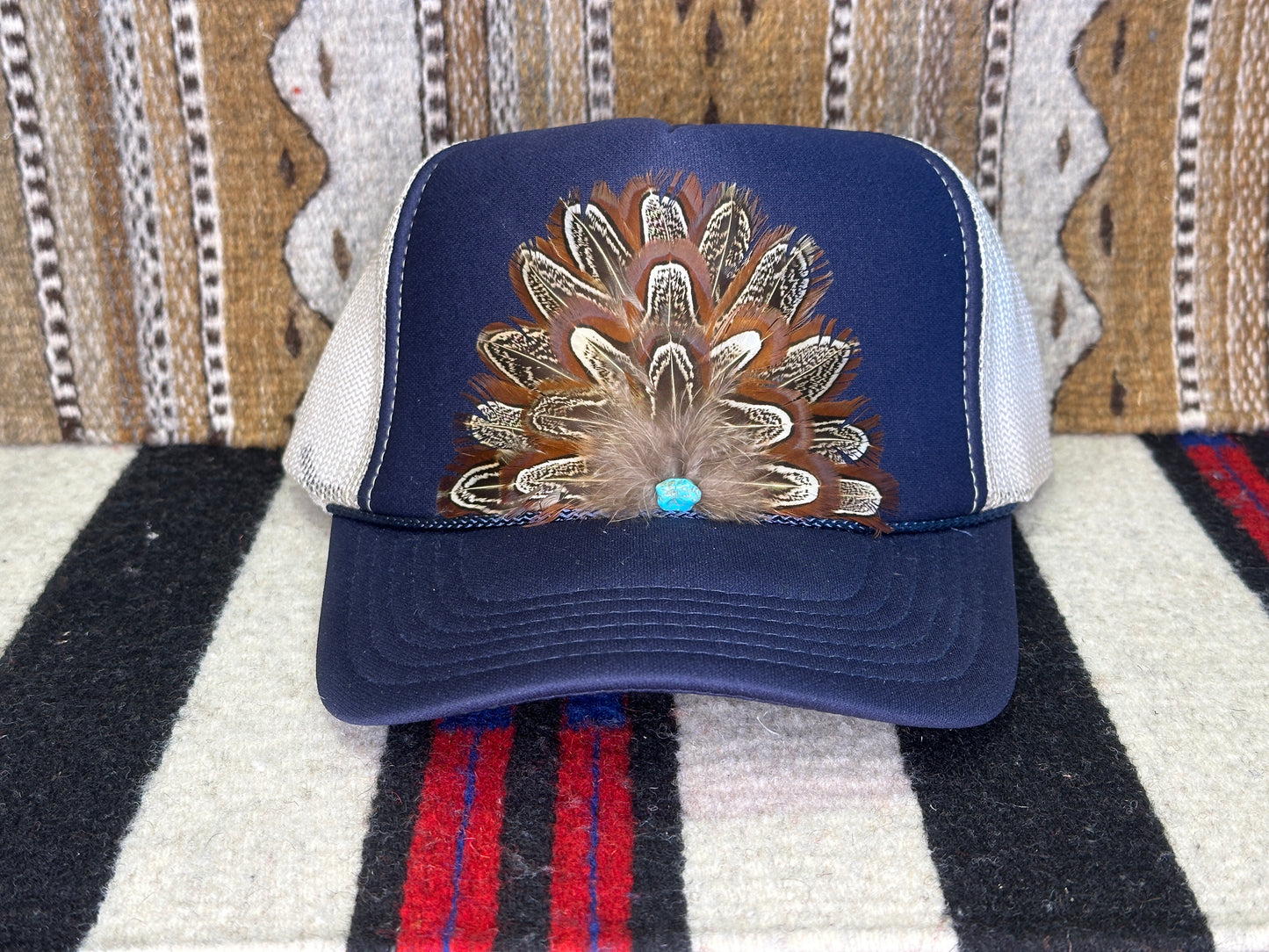 Handmade Feather Trucker Cap Navy Blue