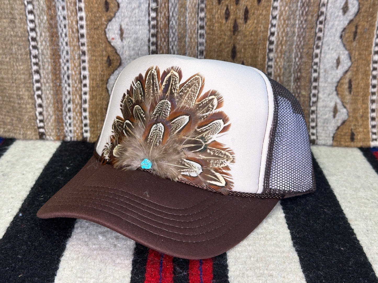 Handmade Feather Trucker Cap Brown